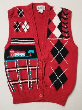VTG Koret Red Cotton Argyle Farmhouse Sweater Vest S Cottagecore Grandmacore 90s